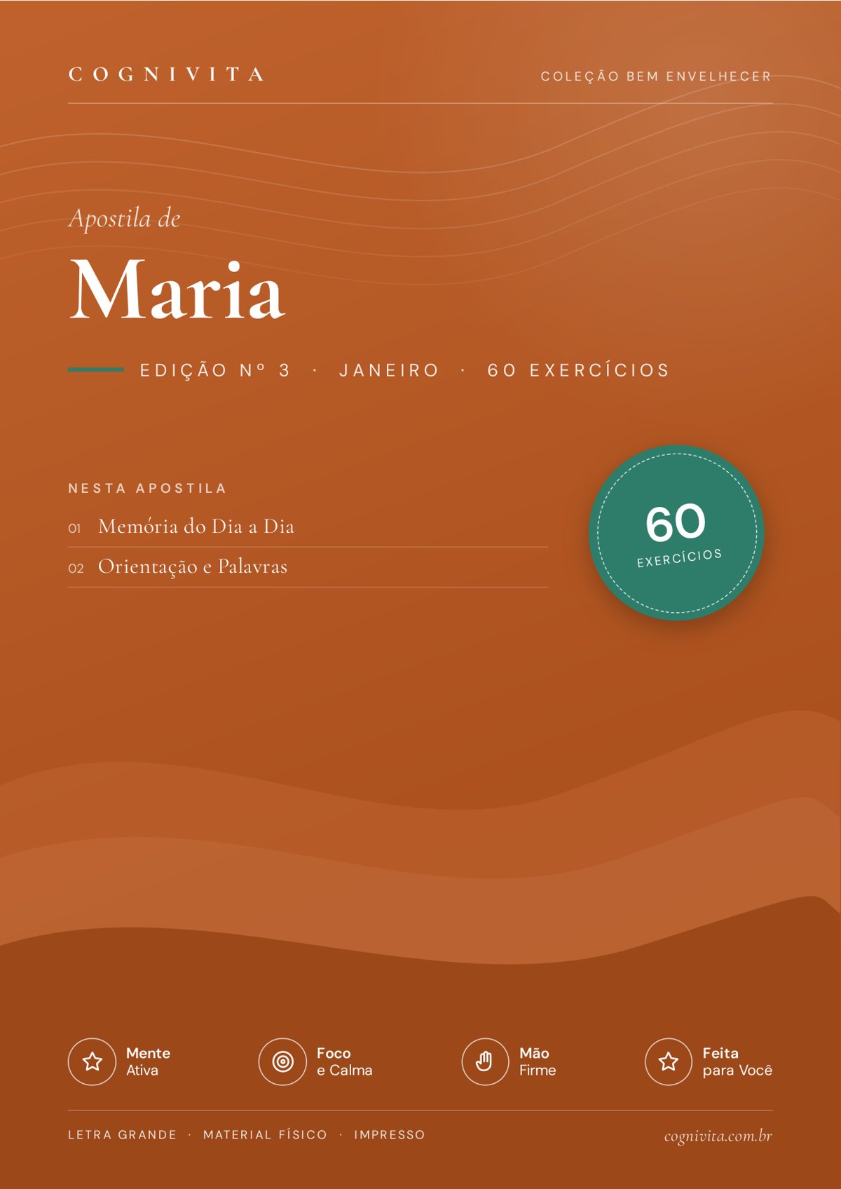 Capa da apostila de Maria, edição nº 3 de janeiro, com 60 exercícios de memória e orientação