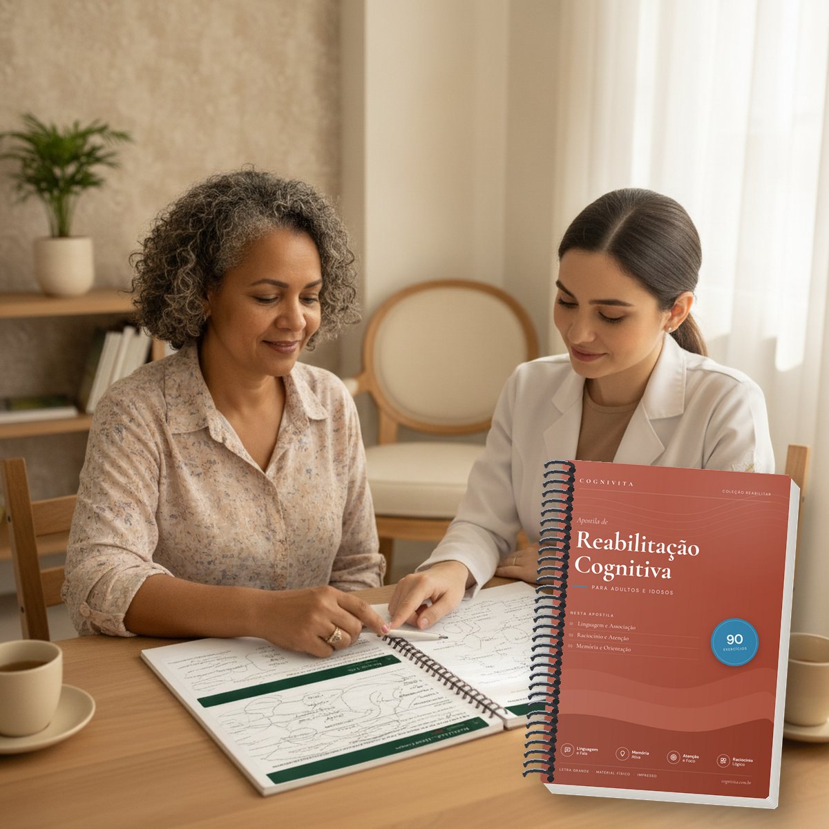 A apostila em uso: Reabilitação Cognitiva Pós-AVC — 90 Exercícios